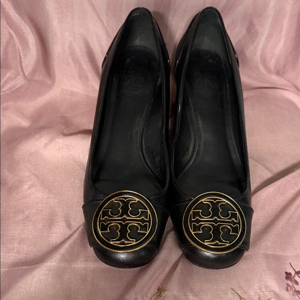 Tory Burch Black Flats with Gold Emblem